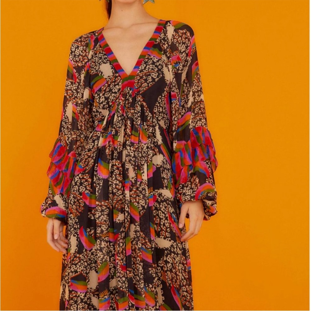 NWOT Farm Rio Leopard Toucans Print Ruffle
Flowy Maxi Dress
